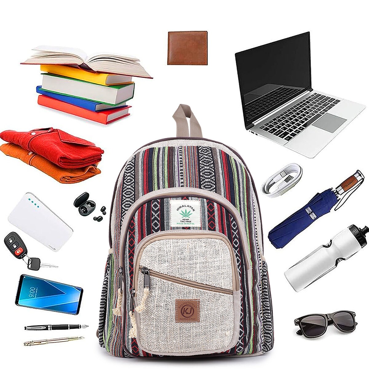 Large Multi Pocket Hemp Nepal Backpack Boho Daypack Handmade Large Multi Pocket Natural Hippie Hemp Nepal  main image 4