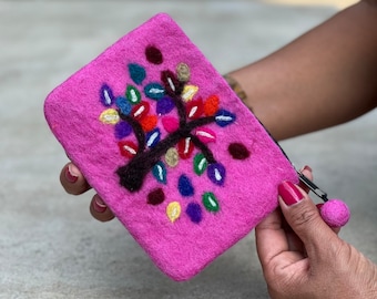 Felted Tree Of Life Coin Purse, Kids Pouch, Makeup Pouch, Christmas Gift Pouch Zippered And Lined. FAST SHIPPING!