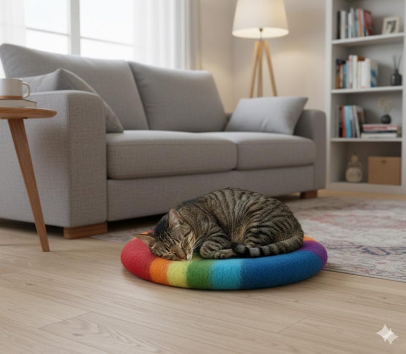May include: A tabby cat is curled up asleep on a rainbow-colored pet bed. The bed is a circular shape with bands of red, orange, yellow, green, and blue. The cat is brown and black with stripes.