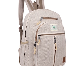 May include: A beige hemp backpack with a herringbone pattern and a green leaf logo that says "Himalayan Hemp" and "Made from Hemp".