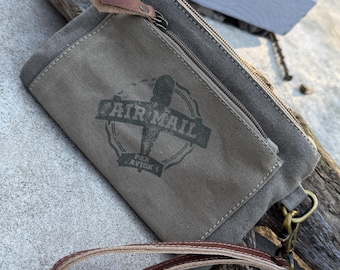 Recycled Military Canvas Wristlet: Vintage Star Clutch, Eco-Friendly Makeup Bag