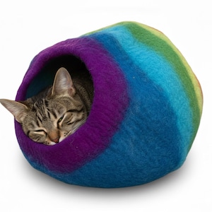 May include: A sleeping tabby cat inside a rainbow-colored felted cat cave. The cave is a rounded shape with a deep opening. The colors transition from purple to blue to green. The cat is curled up inside, with its eyes closed.
