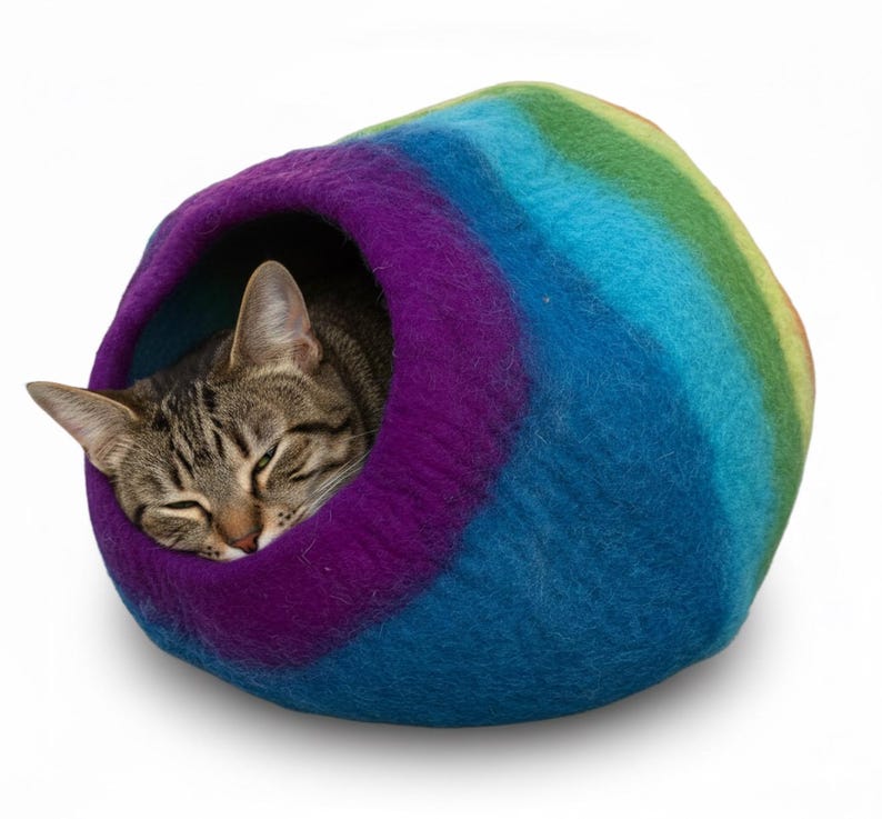 May include: A sleeping tabby cat inside a rainbow-colored felted cat cave. The cave is a rounded shape with a deep opening. The colors transition from purple to blue to green. The cat is curled up inside, with its eyes closed.