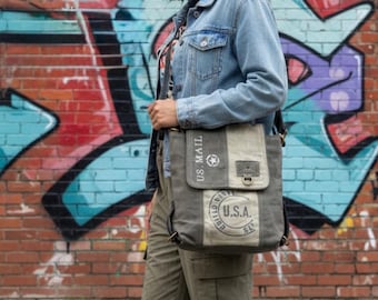 Upcycled Military Tent Crossbody Messenger Bag: Leather & Brass Accents