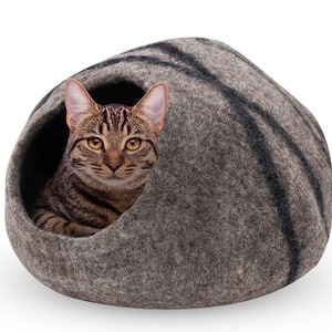 Hand Felted Wool Cat Cave: Natural Warm Cat Bed Dark Gray