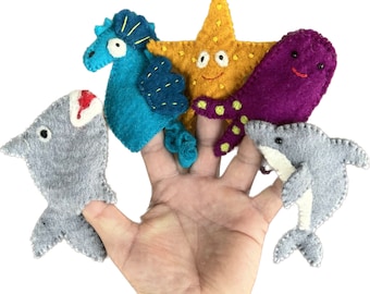 Finger Puppets, Animal Puppets, Sea Animals, Felt Finger Game , Educational Game, Shark, Dolphin, Sea Horse, Octopus , Starfish