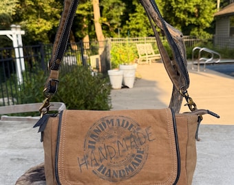 Upcycled Military Tent Crossbody Bag: Leather & Brass Accents