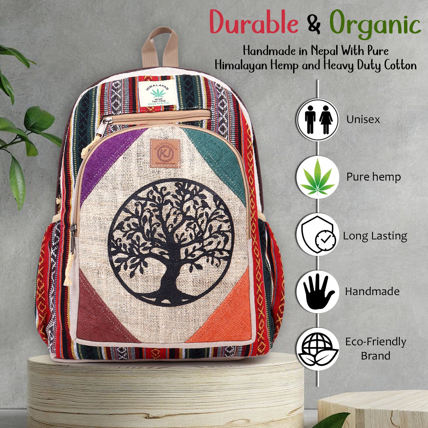 Beautiful Colorful Strip Large Pure Hemp Multi Pocket Backpack with Tree of Life Himalayan Group Multi Pocket Pure Hemp Laptop Backpack NWT  main image 4