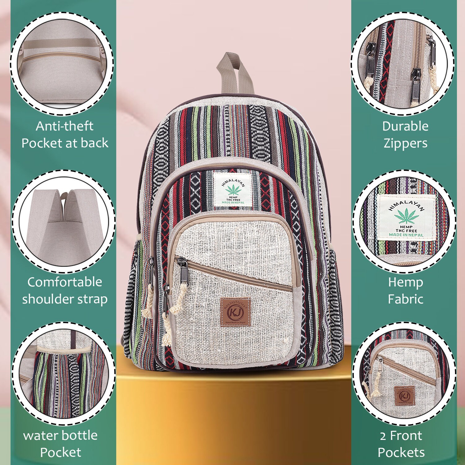 Handmade Large Multi Pocket Natural Hemp Nepal Backpack - Etsy display picture 1