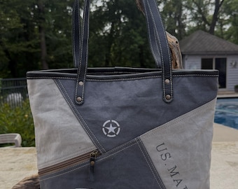 Recycled Military Tent Tote: Large Eco-Friendly Market Bag with Leather Handles