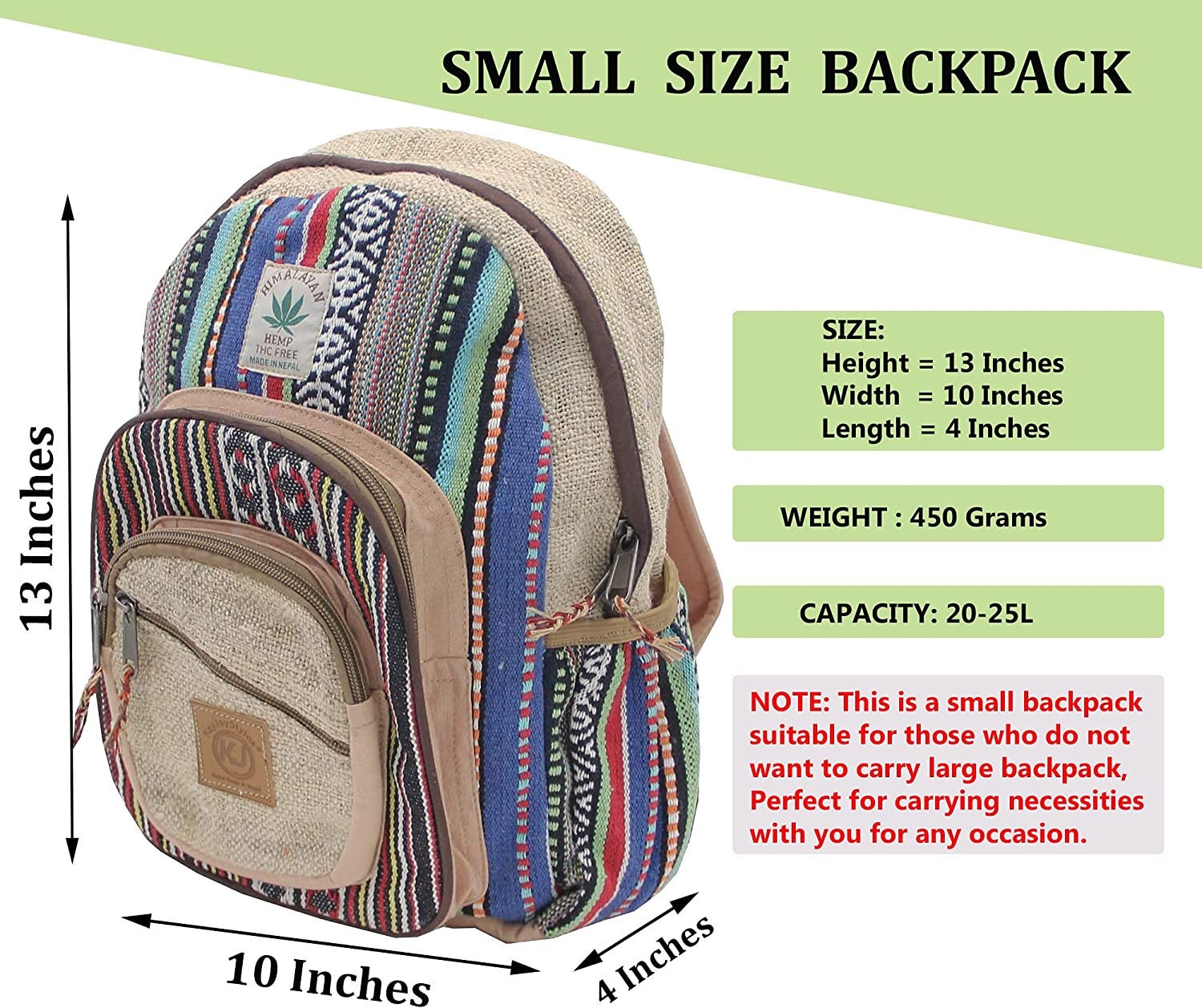 Small Lightweight Daypack Backpack Handmade Himalayan Hemp Travel ...