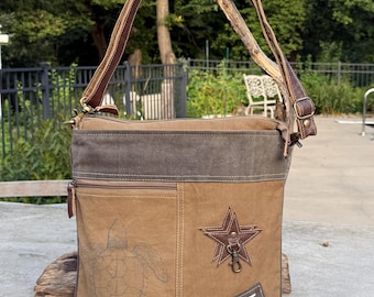 Sustainable Crossbody Bag Made from Upcycled Military Canvas – Featuring Genuine Leather & Brass Details