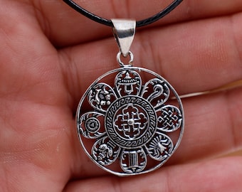 Tibetan 8 Lucky Symbols Silver Pendant, Buddhist, Hobo, Yoga Jewelry