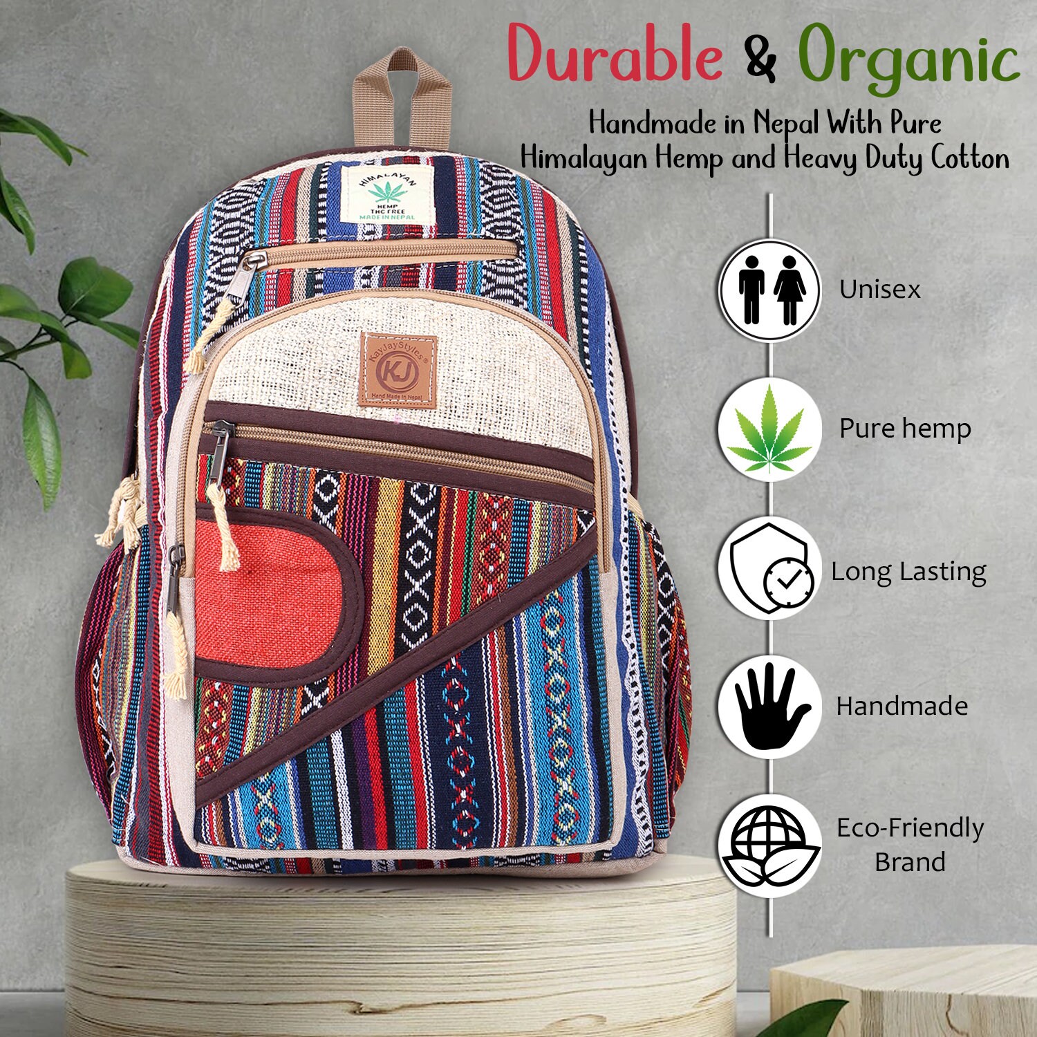 Large Multi Pocket Natural Hemp Handmade Backpack Nepal 