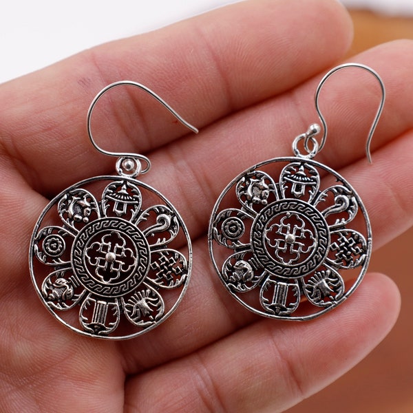 Tibetan 8 Lucky Symbols Silver Earrings, Buddhist Jewelry, Yoga Jewelry, Hobo Hippie Earrings