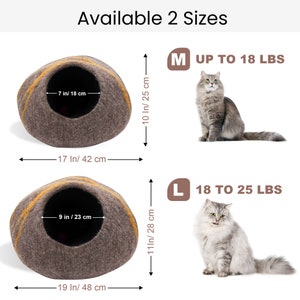 May include: A brown cat bed with yellow stripes, available in two sizes. The smaller bed is 17 inches (42 cm) wide and 10 inches (25 cm) tall, suitable for cats up to 18 lbs. The larger bed is 19 inches (48 cm) wide and 11 inches (28 cm) tall, for cats 18-25 lbs.