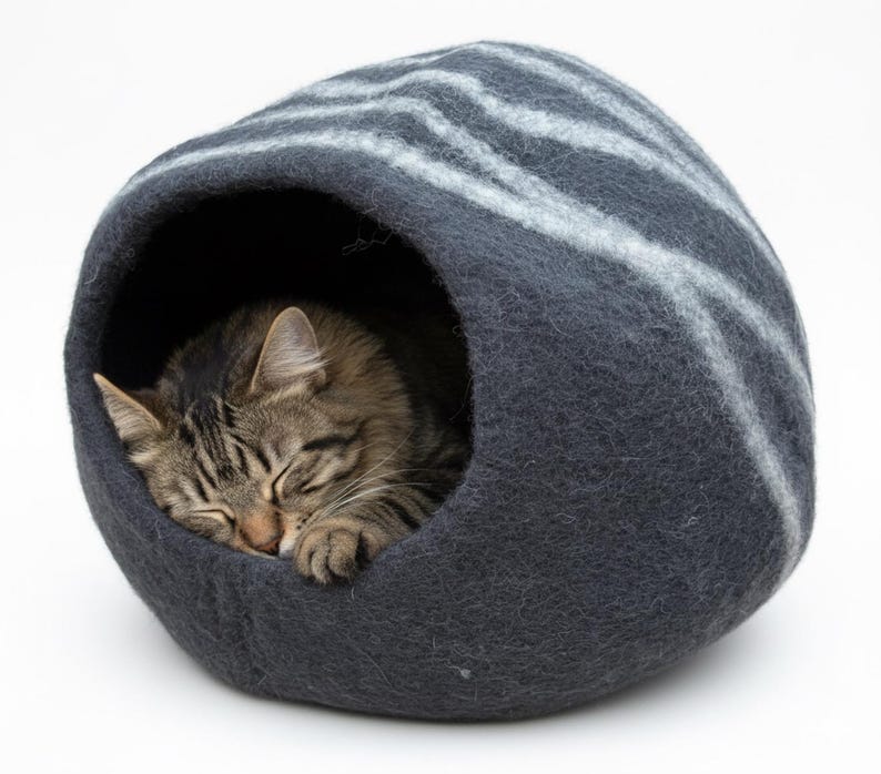 Hand Felted Wool Cat Cave: Natural Warm Cat Bed Black