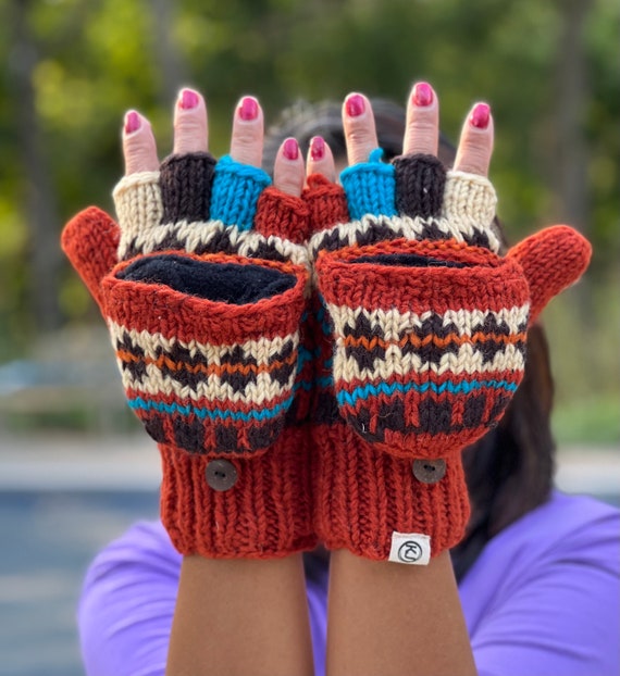 Wool Unisex Hand Knit Convertible Mitten, Winter Gloves