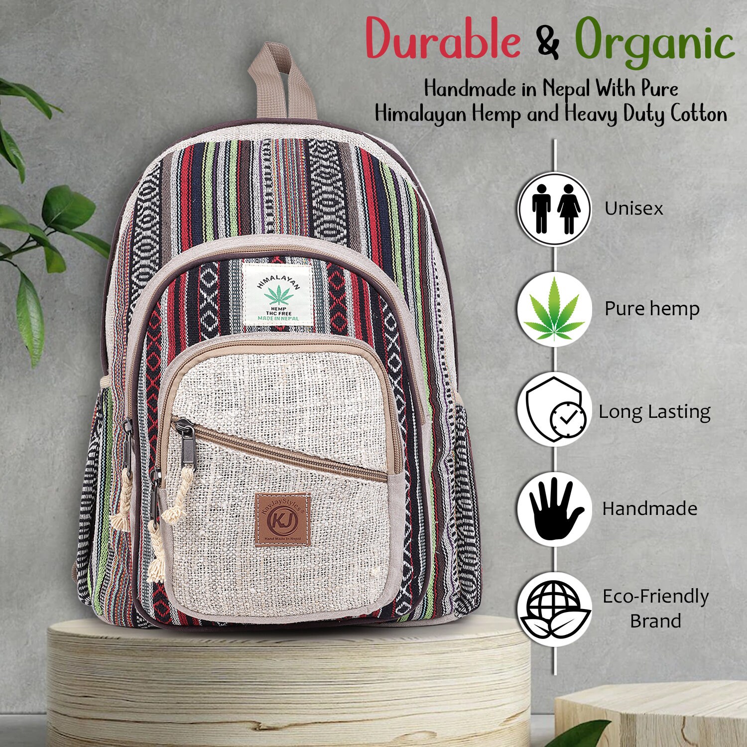 Large Multi Pocket Hemp Nepal Backpack Boho Daypack Handmade Large Multi Pocket Natural Hippie Hemp Nepal  main image 3