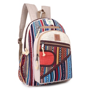 Large Multi Pocket Natural Hemp Handmade Backpack  Nepal Orange Patch