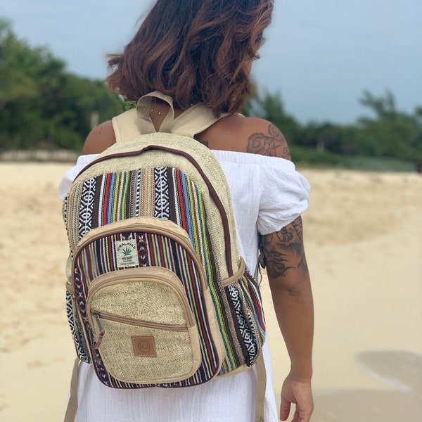 Handmade Large Multi Pocket Natural Hemp Nepal Backpack