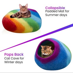 May include: A cat rests on a rainbow-colored, padded mat, and inside a blue, purple, and green cat cave. The text reads "Collapsible Padded Mat for Summer days" and "Pops Back Cat Cave for Winter days".