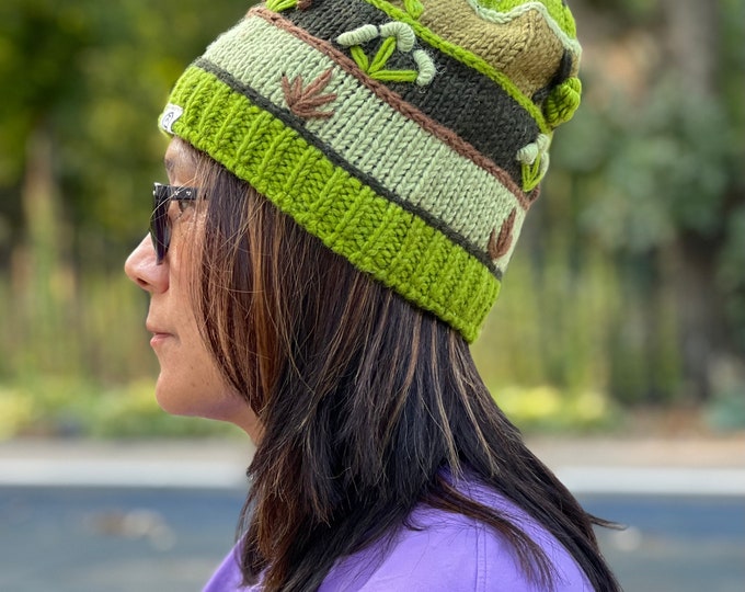 Woolen Hand Knit Fingerless Fleece Lined Gloves, Beanie Hat Comfy And Warm Green. FAST SHIPPING!!!
