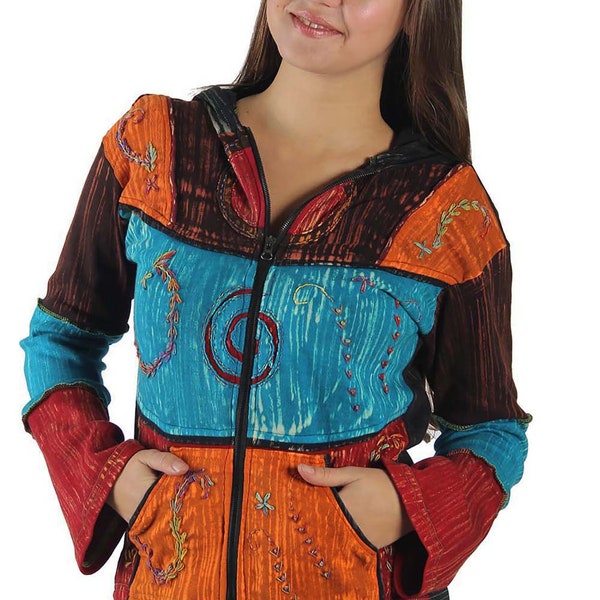 Women's Patchwork Vintage Bohemian Hippie Flower Embroidery Hoodie Jacket Nepal