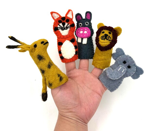 Finger Puppets, Animal Puppets, Safari Animals, Felt Finger Game , Educational Game, Elephant, Giraffe, Hippo, Tiger, Lion