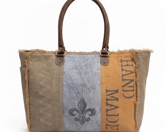Recycled Military Tent Tote: Large Eco-Friendly Market Bag with Leather Accents