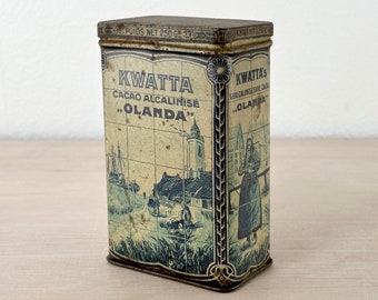 Kwatta cacoa tin, canister Dutch with tile decoration, drawings of farm life in the Netherlands, farmer and farmer's wife, cows and village