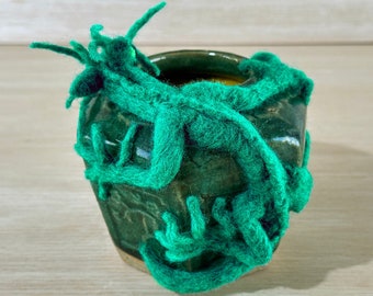 Needle felted Dragon protects his precious jewel which is in a beautiful green glazed Chinese Ginger Jar handmade