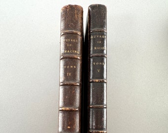 1874 French books, Les oeuvres de Jean Racine - Volumes 4 & 5 - Publisher A.Lemerre decorative books, brown books, spine with gold lettering