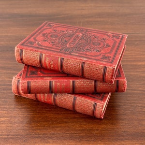3 red colour books antique for decoration, sort books by color, bookcase library, beautiful books