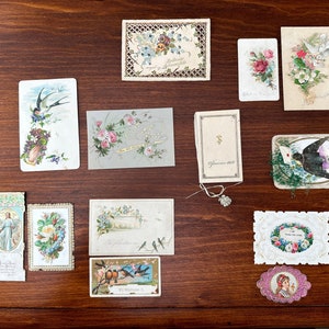 Set di biglietti di auguri, un biglietto da ballo, immagini colorate di fiori, uccelli, scene incantevoli, vintage e antichi, francesi, olandesi, inglesi