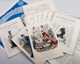 Set of French fashion incl. 29 magazines, 2 sewing patterns, 1 lace pattern and 2 colourful illustrations 1800s