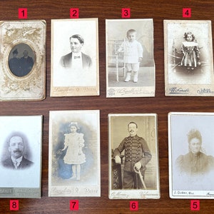 8 CDV Cards Photos, verschiedene antike Fotografien 1800er Anfang 1900er Jahre und 1 Tintypie