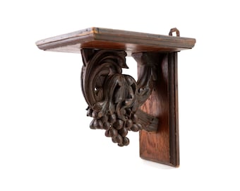 Antique Wooden Wall Shelf with Hand Carved Grapes – Ornate Console Bracket – 24cm Tall