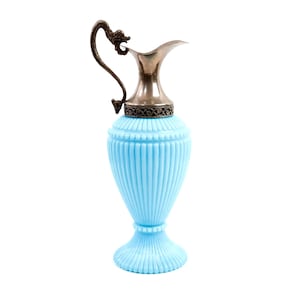 Jarra antigua italiana de opalina azul, jarrón vintage de opalina, coleccionable, decantador de brandy