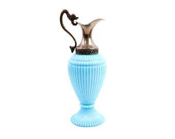 Antique Jug blue opaline Italian Carafe, Vintage Opaline Vase, Collectible, Brandy decanter