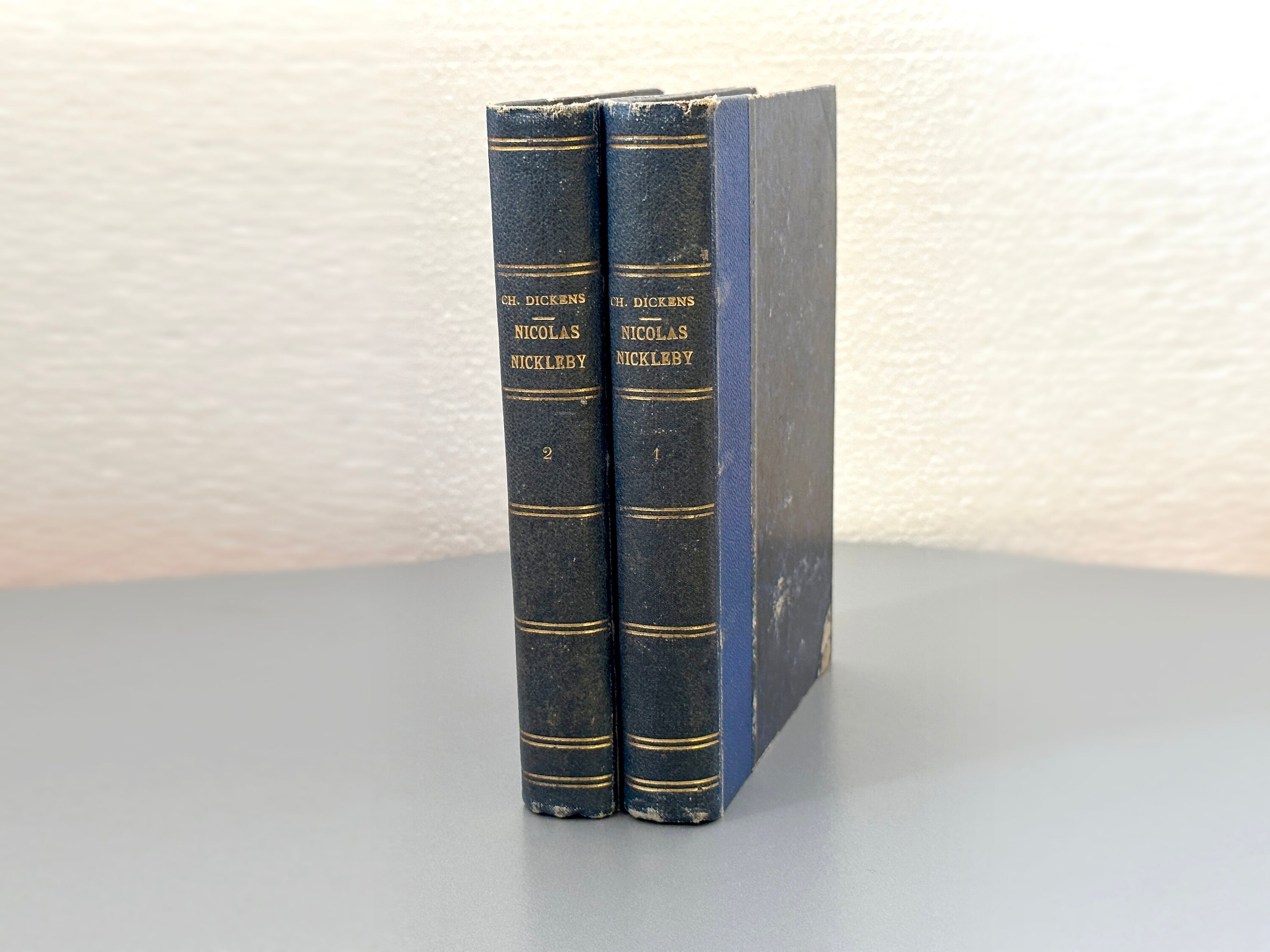 Two 1920s Dark blue colour books antique for decoration, books by color, vie et aventures de Nicolas Nickleby 1 and 2 Charles Dickens novel