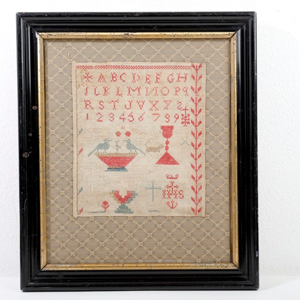 Embroidery Sampler 1846 Framed, antique Cross Stitch Sampler, Victorian Needlework, Alphabet and Decorative Elements, living room deco