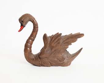 Antique Hand Carved Articulated Wooden Swan Figurine Flexible Neck Bird Statue