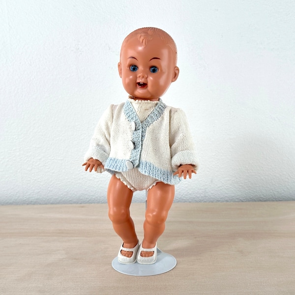 Kader boy doll plastic in handmade white blue jacket and underwear 1950s, movable blue eyes, tongue, arms, hands, legs and head