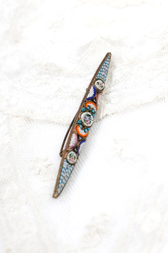 Brooch Micro mosaic flowers, tiny glass pieces, long … Gem