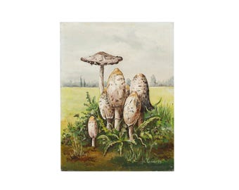 Vintage Painting on wood Still life of ink molds, mushrooms signed Nic Kerkhoffs