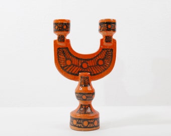 Unique Candle holder Vintage 70s orange two-armed ceramic handmade