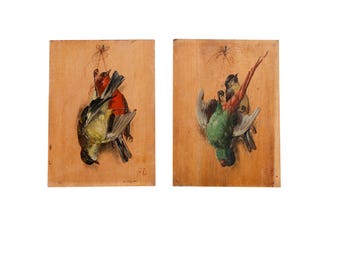 Paar stillevens met jachtvogels op hout, gesigneerd, 19e-eeuwse jagerskunst