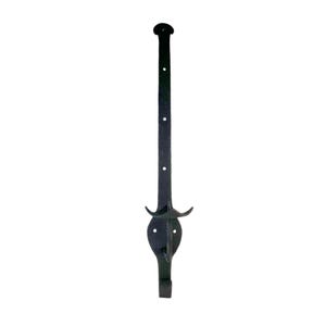 May include: A black, decorative iron gate hinge with a rounded top and a curved hook design. The hinge has a long, slender body with three evenly spaced holes and a decorative bottom. The overall length is approximately 12 inches.