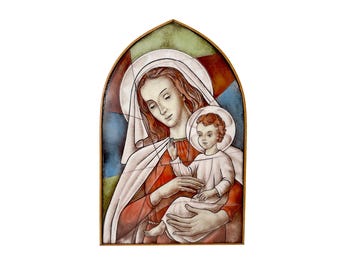 Signed Jan Perey Framed Opaline Glass Icon, Virgin Mary with Baby
